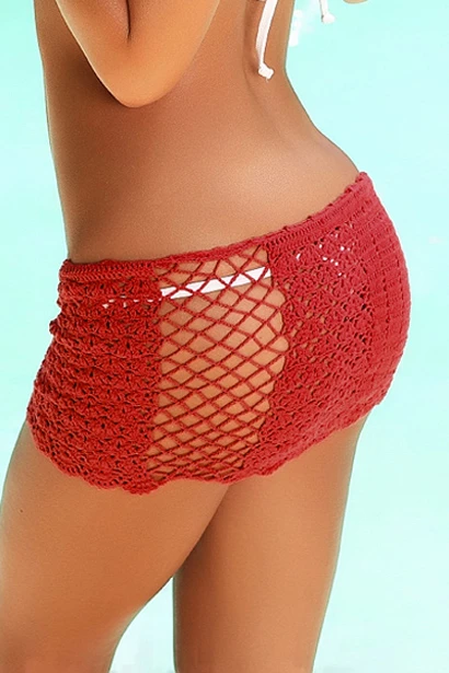 Tequila Sunset Red Mini Crochet Beach Skirt Cover Up 6 Tequila Sunset Red Mini Crochet Beach Skirt Cover Up - Image 4