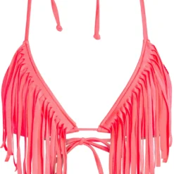 Neon Coral Fringe Triangle Top -Doll Bikini Shop 35507 Top flat front scaled