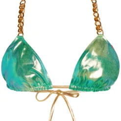 Blue Green Tie Dye Shimmer Triangle Bikini On A Chain Top