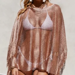 Illustrious Rose Gold Metallic Knit Crochet Fringed Poncho