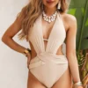 Anemone Beige Deep V Cutout One Piece Swimsuit