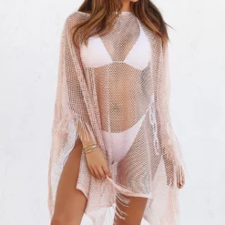 Illustrious Metallic Pink Knit Crochet Fringed Crop Poncho