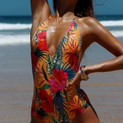 Lolita Sunset Tropical V Neck Halter One Piece Swimsuit